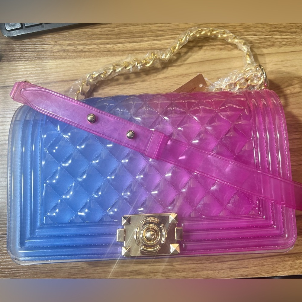 NEW! Jelly Ombré Two tone Pink Purple Blue Quilted Goldtone Chain Purse - Picture 6 of 6